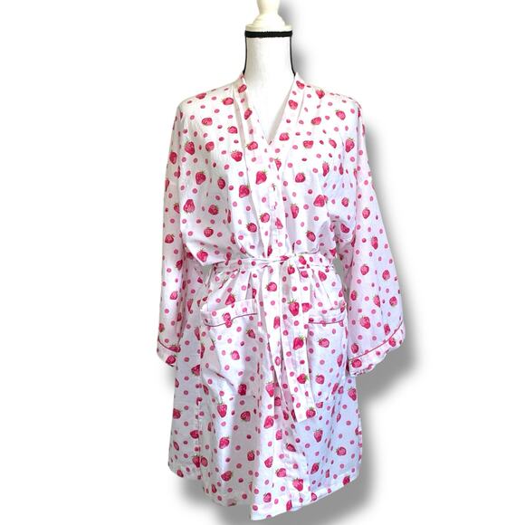 Mahogany Short Robe Sz M White Cotton Strawberry Print Belted Knee Length Cute - Picture 1 of 12